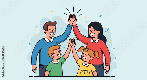 Happy cartoon family giving high fives together in joyful moment.