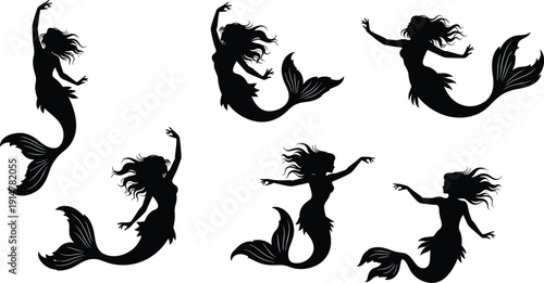 Mermaid silhouette vector set, mystical underwater creatures, swimming poses, mythical sirens, ocean
