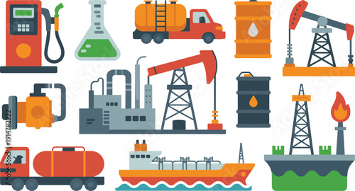 Oil and gas industry production illustration, petroleum refinery drilling equipment vector set, energy fuel extraction infrastructure icons