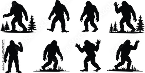 Bigfoot Sasquatch Silhouette Set Collection in Various Poses Isolated on White Background, Legendary Forest Cryptid Vector Illustration Pack