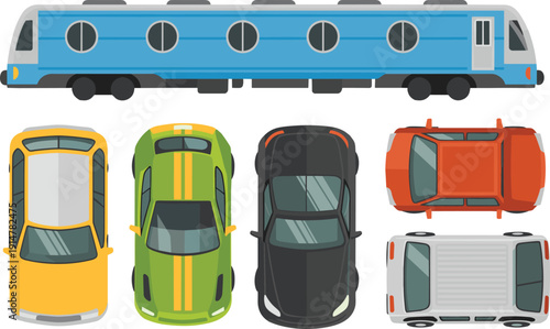 Transport vehicles vector illustration set, train car van collection, top view transportation icons, isolated background design concept logistics
