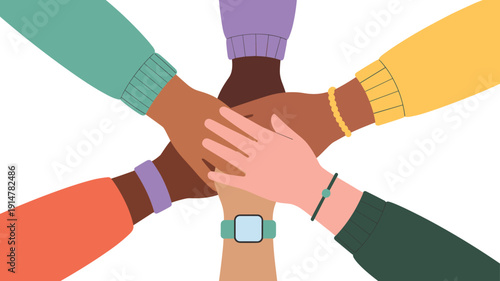 Teamwork and unity concept illustration with diverse hands stacked together, collaboration support partnership symbol, community cooperation vector