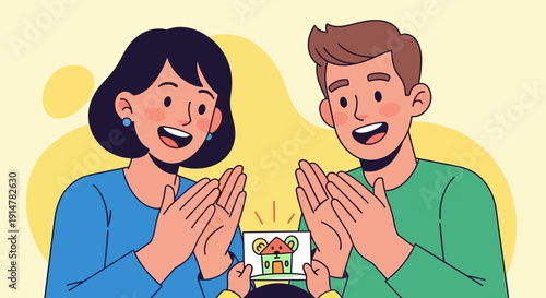 Man and woman happily holding a gift together with joyful expressions.