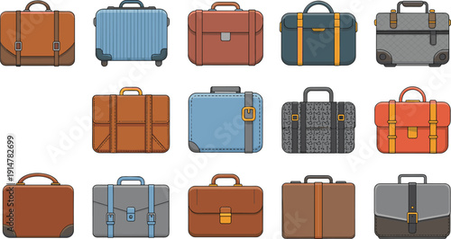 Travel bags vector collection, suitcase luggage briefcase and handbag equipment set, travel icons illustration vector, isolated background design