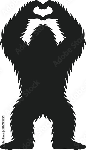 Bigfoot Yeti Silhouette Making Heart Shape with Hands Isolated on White Background Mythical Creature Vector Illustration