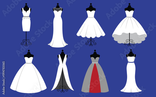 Wedding dress vector collection, elegant bridal gown silhouettes set, fashion mannequin illustration isolated white designs bundle template design