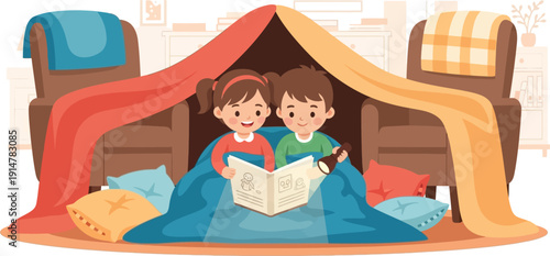 Children reading together in a cozy blanket fort at home.