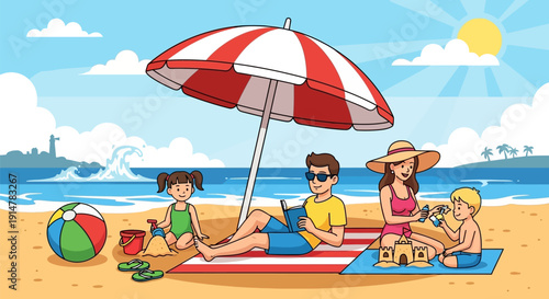 Happy family enjoying a day at the beach together under a striped umbrella.