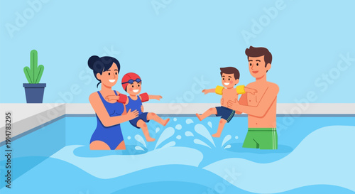 Happy family enjoying a fun day in the swimming pool together.