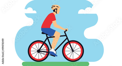 Vector illustration of a cyclist wearing a red shirt and blue shorts riding a bicycle on a green patch with a blue cloudy sky background