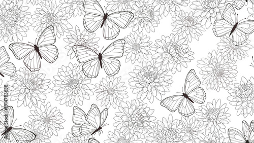 Seamless pattern with delicate black and white line art butterflies and chrysanthemum flowers for coloring or print.