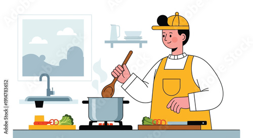 Man in yellow apron and cap cooking with pot and utensil in kitchen with window and vegetables on counter