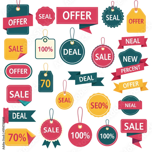 Collection of colorful sale and offer tags isolated on transparent background