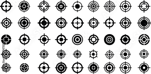 Comprehensive assortment of minimalist black target icons and crosshair symbols, ideal for conveying concepts of precision, aiming, goal setting, and strategic focus