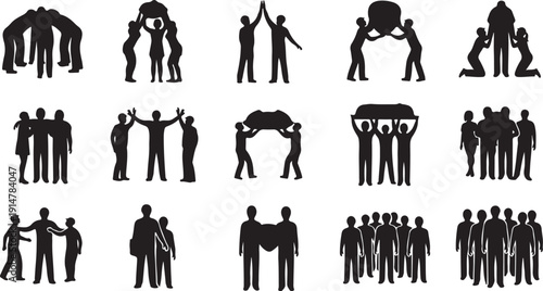 Black silhouettes of people in various group formations and actions