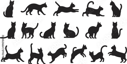 Collection of Black Cat Silhouettes in Different Poses Isolated on White Background Vector Illustration Set Domestic Feline Animals