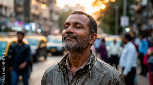 A middle-aged Indian man with a beard closes his eyes and smiles peacefully on a bustling city street at sunset.