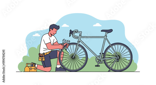 Man kneeling beside bicycle outdoors fixing wheel with tools