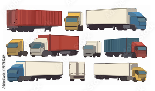 Dynamic semi-trailer truck vector set with freight and cargo lorries isolated on white background