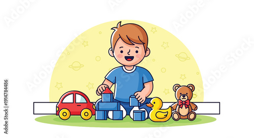 A smiling toddler playing with blocks, toy car, and rubber duck isolated on transparent background
