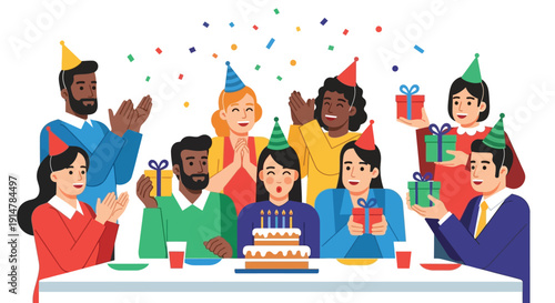 Diverse group of people celebrating a birthday with cake and confetti, isolated on transparent background