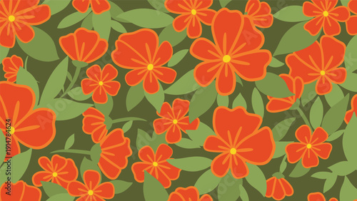 Vibrant seamless pattern featuring bright red flowers and light green leaves on a dark olive green background.