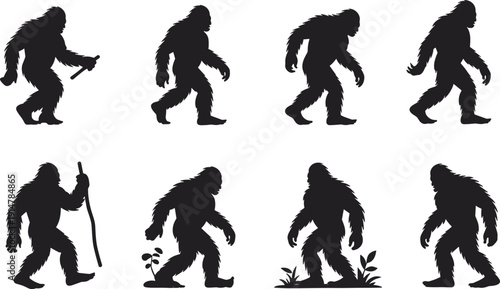 Bigfoot Sasquatch Silhouette Set with Walking Poses and Stick Isolated on White Background, Legendary Forest Cryptid Vector Illustration Collection