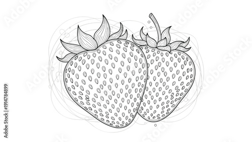 Detailed line drawing of two fresh strawberries with their seeds visible and abstract swirling lines behind them.