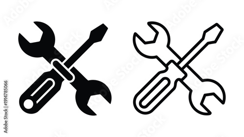 Line art and solid tool icons set featuring a crossed wrench and screwdriver for repair and service concepts. Tools for fixing and maintenance work. 