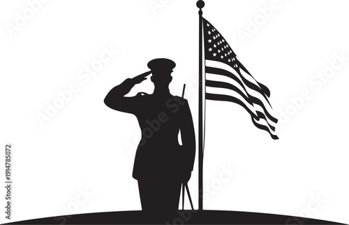 Silhouette of soldier saluting next to American flag