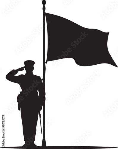 Silhouette of soldier saluting next to black flag on pole