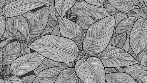 Detailed seamless pattern of dense grey leaves with intricate veins creating a natural monochromatic wallpaper texture.