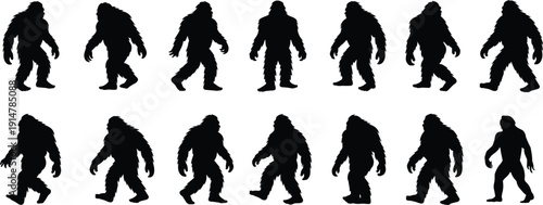 Bigfoot Sasquatch Silhouette Evolution Set in Multiple Walking Poses Isolated on White Background, Legendary Cryptid Ape Vector Illustration Collection