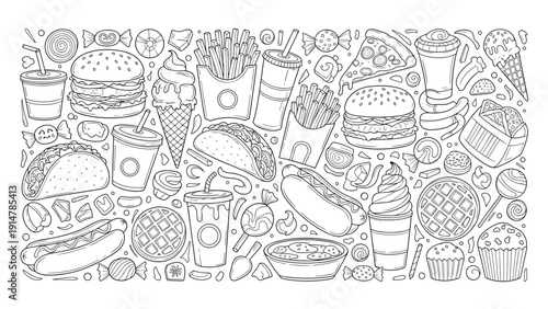 Comprehensive collection of hand drawn fast food and snack doodles including burgers pizza ice cream and drinks.