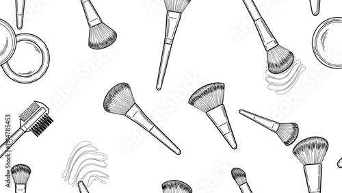 Detailed seamless pattern of various hand drawn makeup brushes and cosmetics on a clean and plain white background.