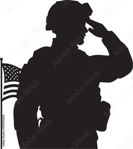Silhouette of soldier saluting with American flag military