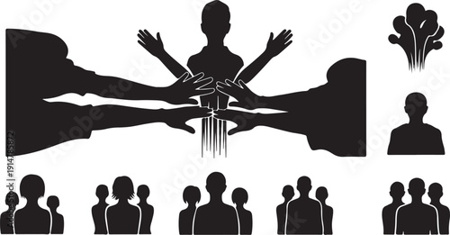 Silhouettes of people in various group and teamwork settings