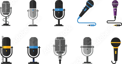 Retro and modern microphone collection for podcast recording studio audio and music vector illustration set