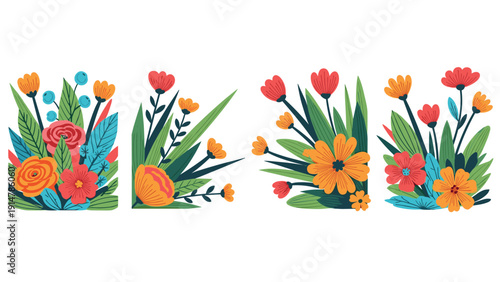 Set of four charming floral bouquets composed of colorful wildflowers and green leaves in a modern flat graphic illustration style.