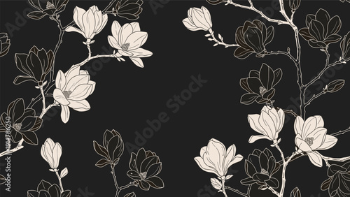 Striking seamless pattern featuring elegant white and black magnolia blossoms on a dark charcoal background for sophisticated textile designs.