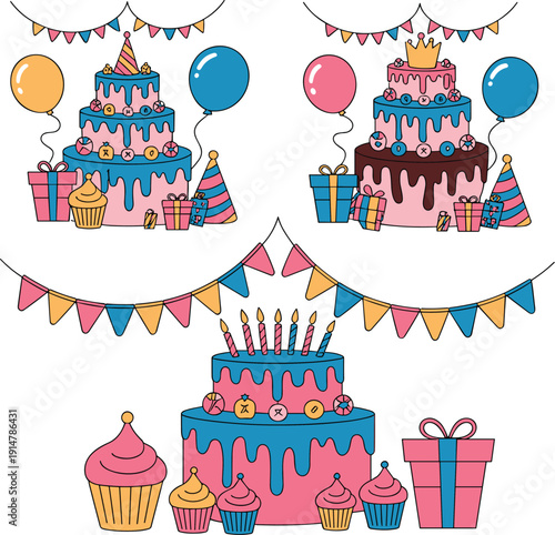 Birthday party cake with candles balloons gifts cupcakes and bunting cartoon vector illustration set