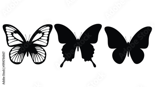 Set of three distinct black butterfly silhouettes featuring various wing patterns and shapes presented in a simple row on a white background.