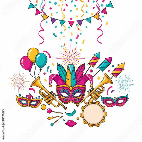 Vibrant illustration of carnival and party elements including masks, musical instruments, balloons, confetti, and fireworks, arranged festively.
