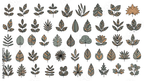 Extensive collection of diverse leaf illustrations featuring various shapes, sizes, and muted earthy colors arranged in a neat grid.