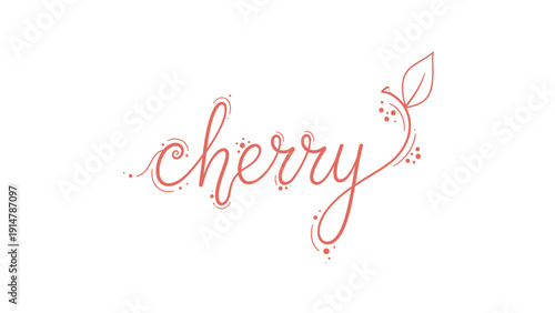 Artistic handwritten typography of the word cherry in soft pink with a delicate leaf flourish and small decorative dots for branding.