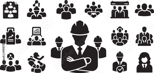 Businessman in hard hat with team icons around him