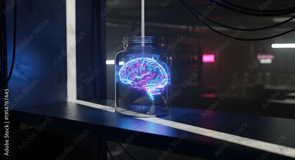 Obraz premium Glowing Holographic Brain in a Jar on a Shelf
