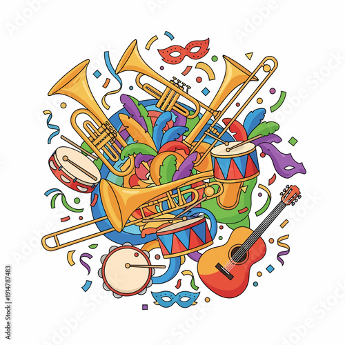 A vibrant illustration of musical instruments and carnival elements, including trumpets, drums, guitar, masks, and confetti, arranged in a circular composition.