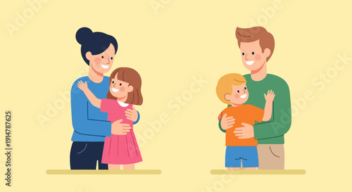 Happy parents embracing their children with love and affection.