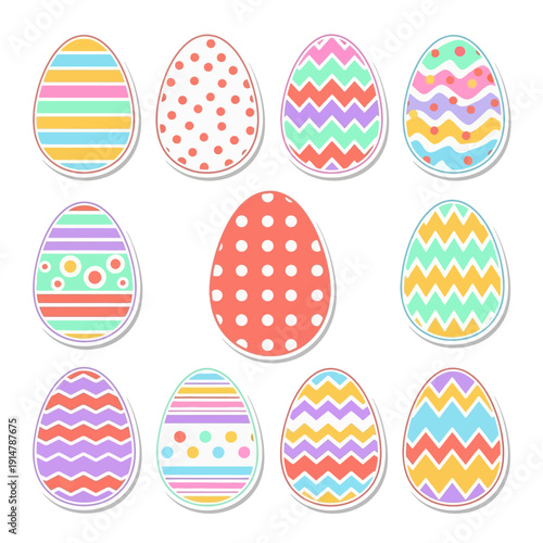 Colorful Pastel Easter Eggs Vector Sticker Set. Holiday Decoration with Chevron, Stripes, and Polka Dot Patterns on White Background.